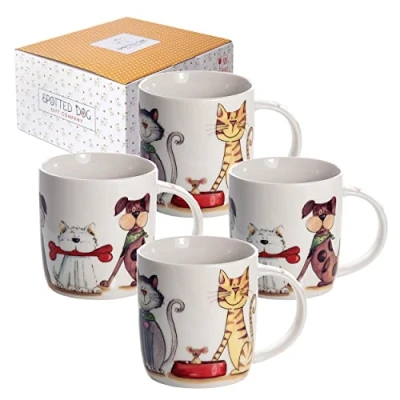 Afbeelding van SPOTTED DOG GIFT COMPANY Kat en Hond Koffiemokken Set van 4, Schattige Keramische Mokken Koffiekopjes Theekopjes, Cadeau voor Kattenliefhebbers Hondenliefhebbers, 350ml / 12oz