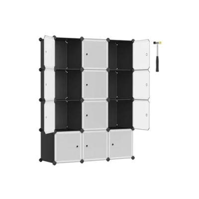 Afbeelding van SONGMICS Opbergsysteem, schoenenrek, set van 12 kubussen, kast kunststof, met deuren, insteekbare plank, opbergruimte voor kleding, schoenen en boeken, eenvoudige montage, zwart LPC34HV1