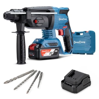 Afbeelding van DongCheng Accuboorhamer 18V, slagenergie 2.7 J, met 4 stuks SDS plus, boren tot 28 mm, borstelloze boorhamer motor, anti vibratiegreep, incl. 4Ah accu&#039;s en 2A oplader in koffer