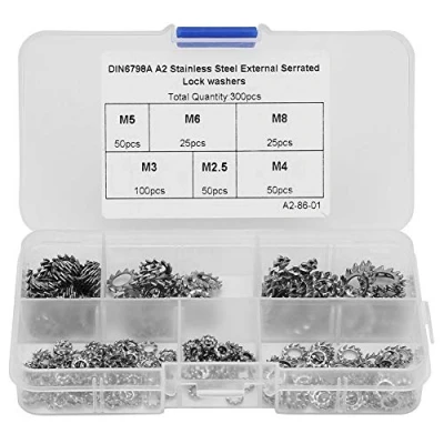 Afbeelding van 300 stuks Lock Star Washer assortiment roestvrij staal M2,5 M3 M4 M5 M6 M8 buitengetande moer platte afdichting bevestigingsgereedschap