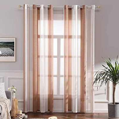 Afbeelding van Miulee Gordijnen, transparant, voile met inslagringen voor woon en slaapkamer, set van 2 stuks, 140 x 175 cm, wit beige