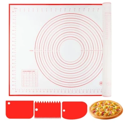 Afbeelding van VFANDV Siliconen bakmat, 60 x 40 cm, bakonderlegger, siliconen, bakpapier, werkmat met meting, antislip anti aanbak, bakmat deegsnijder voor fondant, koekjes, pizzadeeg, rood