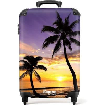 Afbeelding van NoBoringSuitcases.com® Handbagage koffer lichtgewicht Reiskoffer trolley Palmbomen bij zonsondergang Rolkoffer met wieltjes Past binnen 55x40x20 en 55x35x25