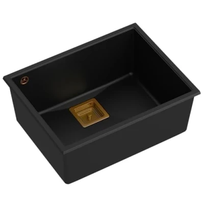Afbeelding van Quadron Wastafel granieten spoelbak keuken afmetingen 55 x 42 22,5 cm kleur: puur carbon &amp; koper DAVID 50 enkele gootsteen met handmatige sifon