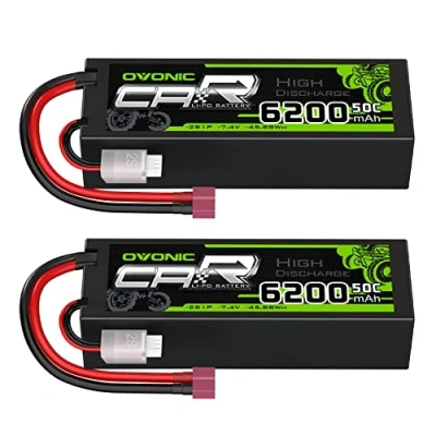 Afbeelding van OVONIC 2s Lipo Batterij 6200mAh 50C 7.4V Hard Case met Dean Stijl T Connector voor RC Vliegtuig Helicopter Auto Boot Hobby (2 packs)