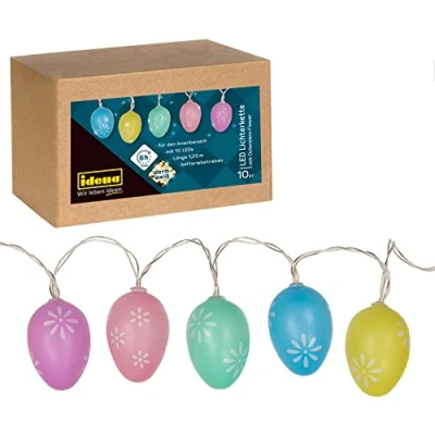 Afbeelding van Idena 31273 LED lichtketting Pasen bloem met 10 warm witte in versierde, kleurrijke paaseieren, werkt op batterijen, 6 uur timer functie, ca. 1,2 m lang, als decoratie voor de paastijd