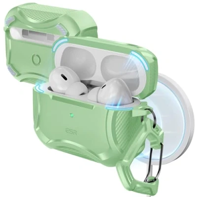 Afbeelding van ESR Hoes voor AirPods Pro 2, met HaloLock, Cyber Armor tank, compatibel (2023/2022/2019), MagSafe, sterke valbeveiliging, magnetisch deksel, lichtgroen