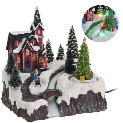 Afbeelding van Cheqo® Kerstdorp Met Kersthuisje Kersttafereel Kerstdecoratie LED Licht Kerk en Bewegende Kerstboom