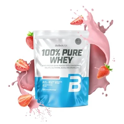 Afbeelding van BioTechUSA 100% Pure Whey Eiwitpoeder met BCAA en Glutamine Glutenvrij, Palmolievrij 21g Eiwit per portie, 1 kg, Aardbei