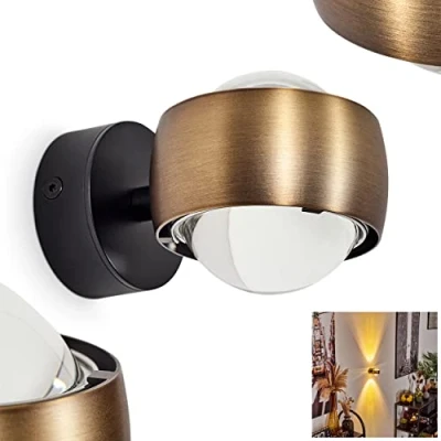 Afbeelding van Wandlamp Sapri, moderne wandspot van metaal/glas in oudmessing kleur/zwart, 1 x G9, met lichteffect, Up&amp;Down armatuur, bij levering inbegrepen: 2 kleurenfilter geel, zonder gloeilampen