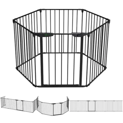Afbeelding van vounot Veiligheidsbarrière voor kinderen, open haard, opvouwbaar, box, multifunctioneel, zonder boren, hondenbarrière, 6 panelen, voorgemonteerd, 3,75 m, zwart