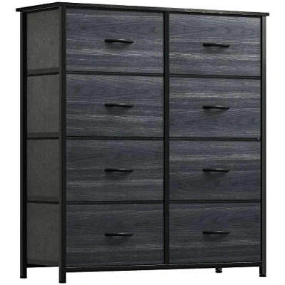 Afbeelding van YITAHOME Ladekast met 8 laden voor slaapkamer, stoffen dressoir, opbergladen handgrepen, metalen frame woonkamer, hal, kinderkamer, houtskoolzwarte houtnerf
