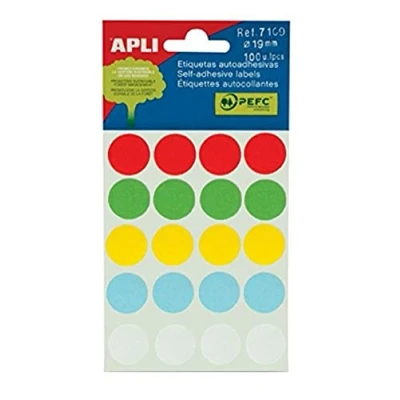 Afbeelding van Apli ronde etiketten in etui diameter 19 mm, geassorteerde kleuren, 100 stuks, 20 per blad (7109) etiket