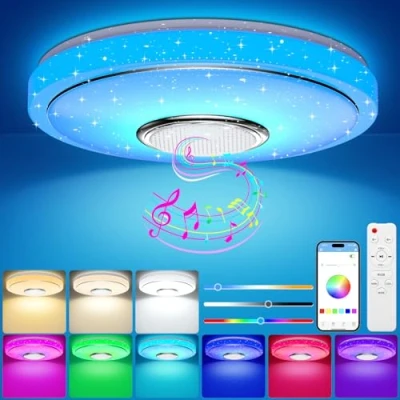 Afbeelding van OGVDOE plafondlamp, rond, led, dimbaar, kleurverandering, RGB, Ø 30 cm, led plafondverlichting met bluetooth luidspreker, afstandsbediening en app bediening voor slaapkamer, woonkamer