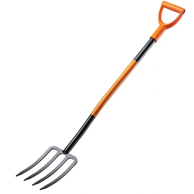 Afbeelding van KADAX Spatvork van staal, vork met D greep, grafvork om te graven en los maken, ergonomische tuinvork, hooivork, mestvork, tuinvork (4 tanden, zwart/oranje)