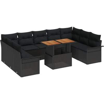 Afbeelding van vidaXL 10 delige Tuin Eetset met Kussens Zwart Poly Rattan Acacia