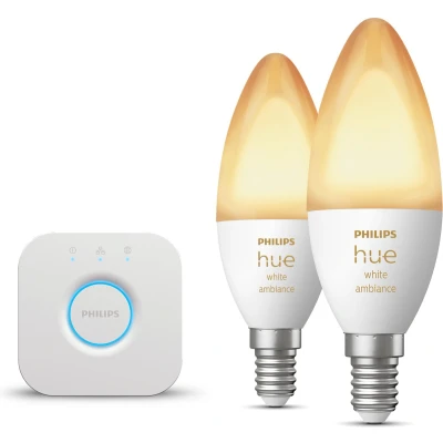 Afbeelding van Philips Hue Starterspakket E14 White Ambiance 2 LED Kaarslampen en Bridge Eenvoudige Installatie Werkt met Alexa Google Home