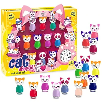 Afbeelding van CATshaped Nagellakset op waterbasis, Beauty4Britain, 14 kleuren, sneldrogend, afpelbaar, inclusief Cat nagelstickers, display geschenkdoos