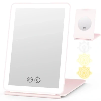 Afbeelding van WEILY make upspiegel met verlichting, 5 x vergroting, 3 kleuren, dimbaar, touchscreen, licht, USB oplaadbaar, voor op reis (roze)
