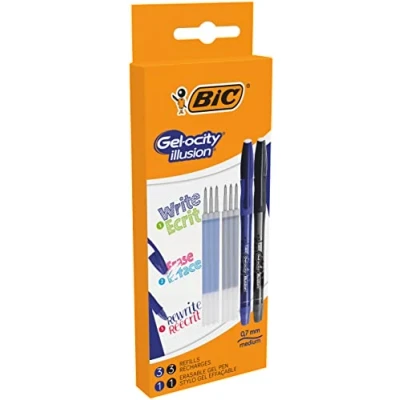 Afbeelding van BIC Gel ocity illusion gelpen, afwasbaar, middelste punt (0,7 mm) blauw en zwart, doos met 2 + 6 navulverpakkingen