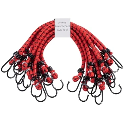 Afbeelding van PRETEX Set van 12 universele bagagespanners met haken, in 38 cm lengte, rood, extra sterk spanriemen, spanrubber, expander Veelkleurig karabijnhaak