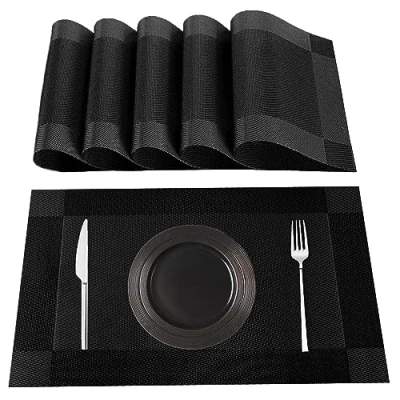 Afbeelding van Lumaca Wasbare Placemats, Set van 6 Ontbijtplacemats in 70% PVC en 30% Polyester, Antislip, Hittebestendig, voor de Keukentafel, Zwart