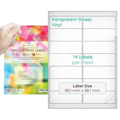 Afbeelding van A4 Voorgesneden Multi Stickeretiketten Glanzend Transparant 2 x 7 (14 per vel): 140 etiketten in totaal, 10 vellen Inkjet afdrukbaar Duidelijke zelfklevende multifunctionele