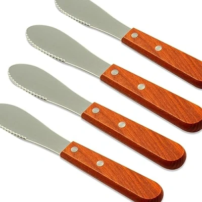 Afbeelding van MINGZE 4 Stuks Botersnijder Set, Roestvrijstalen Houten Handvat Botermessen Kaasmes Met Gekartelde Snijder Rechte Rand Brede Boterstrooier Spreader Roomkaas Kruiderijmessen Botermes Keukengereedschap
