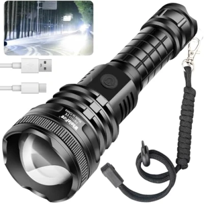Afbeelding van Led Zaklamp XHP90 Extreem Helder 10000 Lumen USB Oplaadbaar, Zoombaar, Instelbare Focus, Waterdichte met 5 Verlichtings Modi, Voor Kamperen en Binnen Buiten