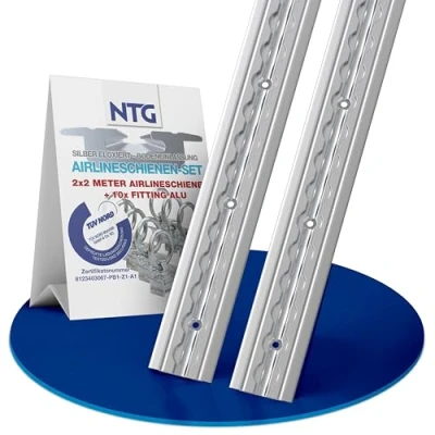 Afbeelding van NTG 2 x m aluminium airline rail, om in te laten, inschuifbaar als bodemprofiel met gaten 1975 mm, voordeelset 10 fitting