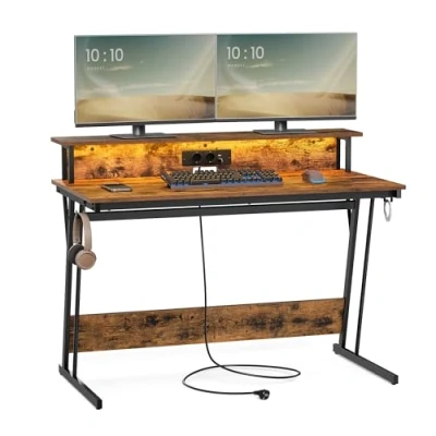 Afbeelding van VASAGLE gamingbureau met LED en stekkerdoos, gamertafel, computerbureau schermverhoger, voor 2 computers, slaapkamer, 60 x 120 76 cm, rustiek bruin LWD192K01