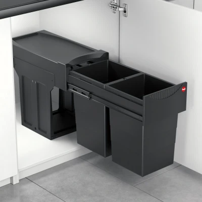Afbeelding van Hailo Tandem Inbouw Prullenbak 30 Liter Inhoud Met 2 Compartimenten NIEUW ZWART