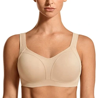 Afbeelding van SYROKAN Hoge Impact Beugels Verstelbare Bandjes Voor Dames Ondersteuning, Plus Size Volledig Gewatteerde Sport bh Beige 90E