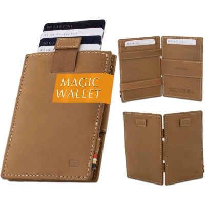Afbeelding van Garzini compacte Portemonnee voor heren en dames uit leder met Card Sleeves, Kaarthouder RFID bescherming, Portefeuille plaats 12 kaarten, Magic Wallet Cavare, Vintage Cognac