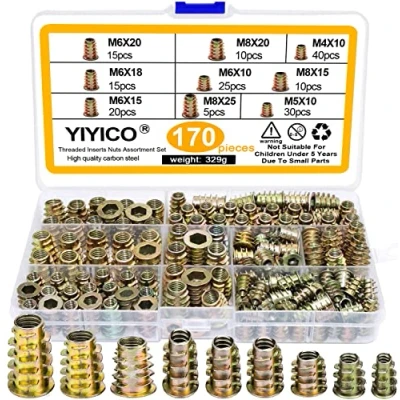 Afbeelding van Schroefdraadinzet hout inschroefmoer inschroefmoffen M4 M5 M6 M8 M10 170st zinklegering oprijplaat inbusmoeren assortiment voor houten meubels (170)