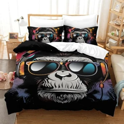 Afbeelding van RNDKAUUIE Dekbedovertrekset, Gorilla dekbedovertrek voor kinderen en volwassenen, 3D beddengoed, zachte microvezel, 3 delig, met kussensloop ritssluiting, eenpersoons (140 x 200 cm)