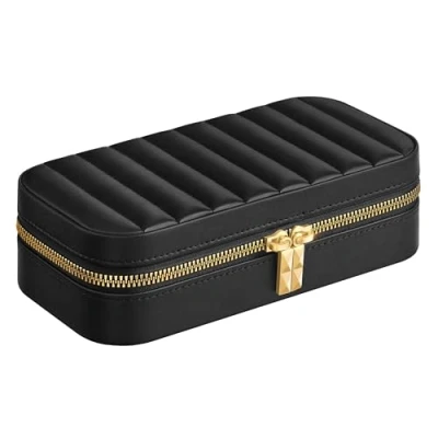 Afbeelding van SONGMICS HOME ANAH JBC180B01 Sieradendoosje voor op reis, kleine sieradendoos met spiegel, 10,5 x 20,5 6 cm, PU naden, ritssluiting, cadeau idee, inktzwart
