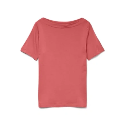 Afbeelding van Vero Moda Dames Effen Stretch T Shirt Basis Top Korte Mouw Bovenkleding met Boothals VMPANDA, Colour:Coral Pink, Size:S