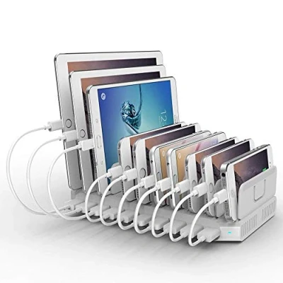 Afbeelding van Alxum USB laadstation voor meerdere apparaten, 10 poorts 96W 2.4A snellaadstation Organizer met afneembare verdelers mobiele telefoon, tablet, wit