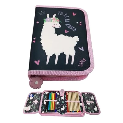 Afbeelding van Theonoi Paard pennenetui, Etui met 2 vakken, dubbeldekker, schooletui, gevuld, cadeau voor meisjes, Lama,