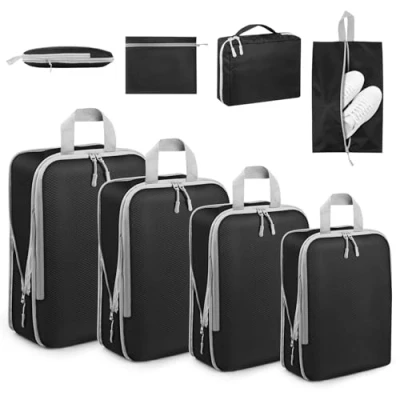 Afbeelding van 7 delige Packing Cubes Compression, kofferorganizerset, waterdicht, pakkubussen, compressie, paktassen voor koffer, handbagage, rugzak, reisorganizer, beige, kledingtassen reizen