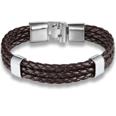 Afbeelding van Armband Heren Bruin Leer met Stalen Accenten Leren Armbanden Cadeau voor Man Mannen Cadeautjes
