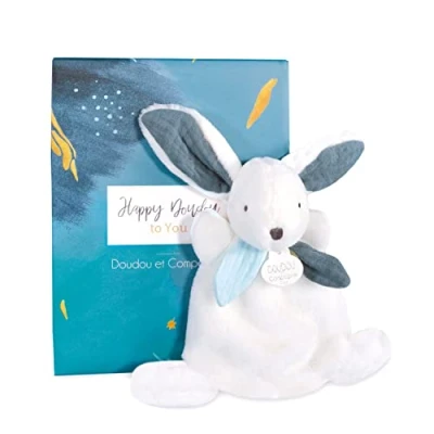 Afbeelding van Doudou et Compagnie Mini knuffeldoek haas Happy Pop blauw 17 cm Knuffel DC3883