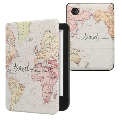 Afbeelding van kwmobile e reader hoesje compatibel met Kobo Clara BW/Colour Magneetsluiting Ereader case Travel Wereldkaart in zwart/meerkleurig