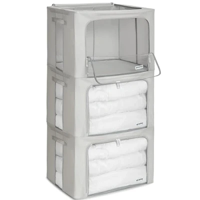 Afbeelding van Starre opvouwbare kledingopbergbox met ritssluiting, metalen frame, opbergtas voor dekbedden, kleding, beddengoed, stabiele opbergdoos stapelbare kledingdoos