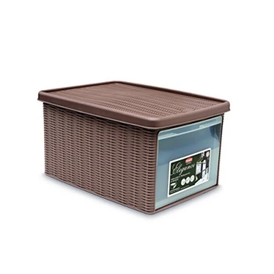 Afbeelding van Opbergmand Opbergbox &#039;Elegance&#039; Multifunctioneel klepje aan voorkant Bakje Taupe Maat M