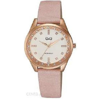 Afbeelding van Erg mooi rosekleurig dameshorloge van Q&amp;Q met zalmroze band model qc07j101y 3 atm waterdicht