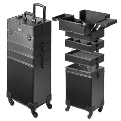 Afbeelding van VEVOR Make upkoffer met wielen, 5 in 1, opbergkoffer, aluminium, doos, professioneel, reizen, 360 graden draaibare verstelbare trekstang, upcadeau, Zwart,