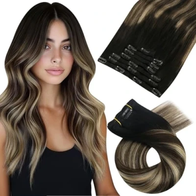 Afbeelding van Moresoo Clip in Hair Extensions Human Zwart Voor Haarverlenging Dubbele Inslag Echt Remy Haar tot Donkerbruin met Karamelblond #1B/3/27 120g 45 cm 7PCS