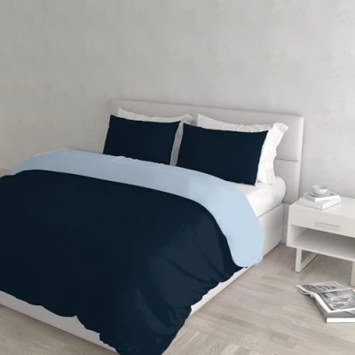 Afbeelding van Italian Bed Linen Natuurlijke Kleur Dekbedovertrek Set met Doubleface Effen Tas Sheet en Kussensloop, 100% Katoen, Donkerblauw/Lichtblauw, dubbele